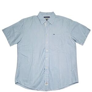 Tommy Hilfiger Shirt Size Medium Denim‎ Mens Blue Short Sleeve Button Down VTG